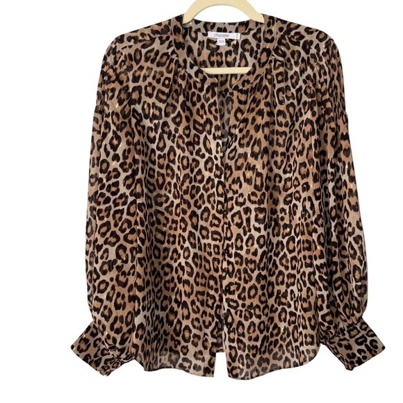 Chicos Leopard Print Button-Up Blouse Size 10 Polyester Long Sleeve Womens - Picture 1 of 6